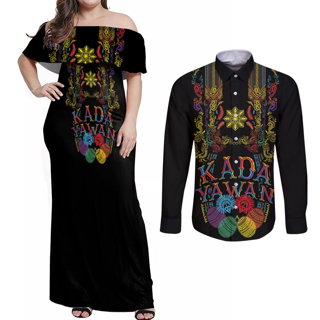 Philippines Kadayawan Festival Couples Matching Off Shoulder Maxi Dress and Long Sleeve Button Shirt Polynesian Tribal Art Barong Style