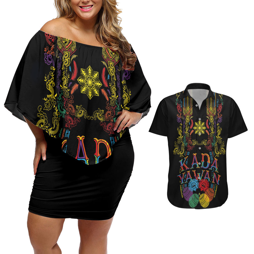 Philippines Kadayawan Festival Couples Matching Off Shoulder Short Dress and Hawaiian Shirt Polynesian Tribal Art Barong Style