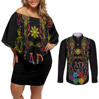 Philippines Kadayawan Festival Couples Matching Off Shoulder Short Dress and Long Sleeve Button Shirt Polynesian Tribal Art Barong Style