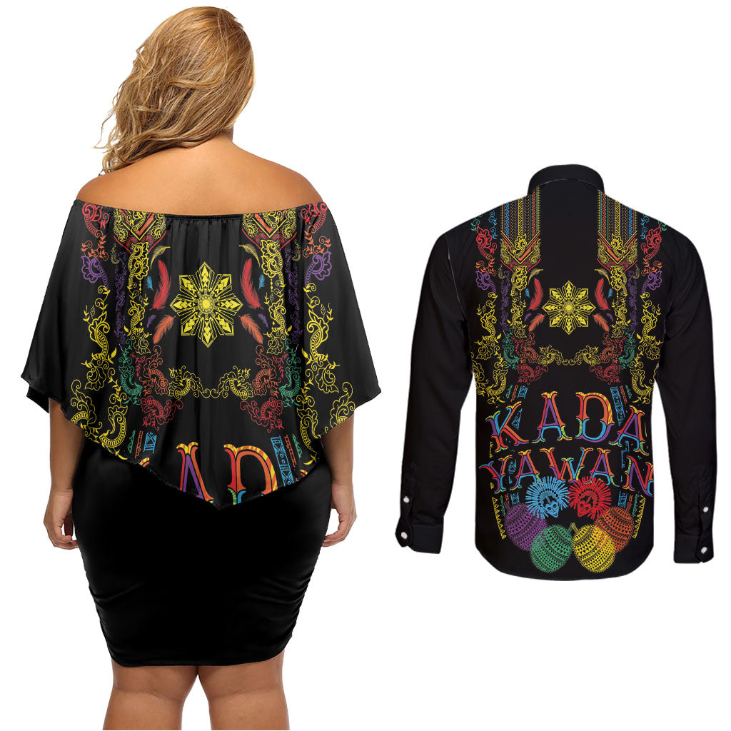 Philippines Kadayawan Festival Couples Matching Off Shoulder Short Dress and Long Sleeve Button Shirt Polynesian Tribal Art Barong Style