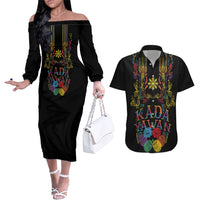 Philippines Kadayawan Festival Couples Matching Off The Shoulder Long Sleeve Dress and Hawaiian Shirt Polynesian Tribal Art Barong Style