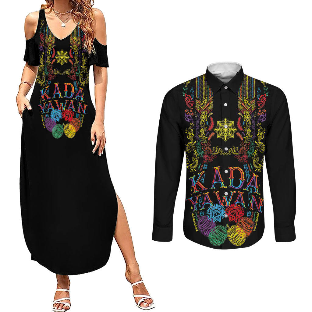 Philippines Kadayawan Festival Couples Matching Summer Maxi Dress and Long Sleeve Button Shirt Polynesian Tribal Art Barong Style