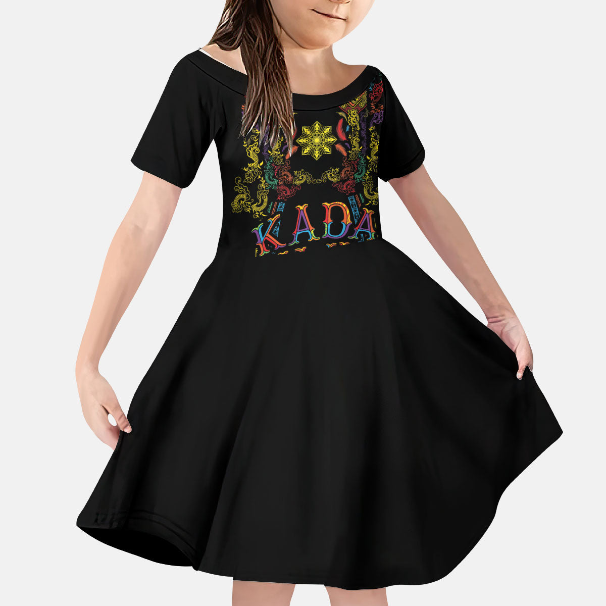 Philippines Kadayawan Festival Kid Short Sleeve Dress Polynesian Tribal Art Barong Style LT03 KID Black - Polynesian Pride