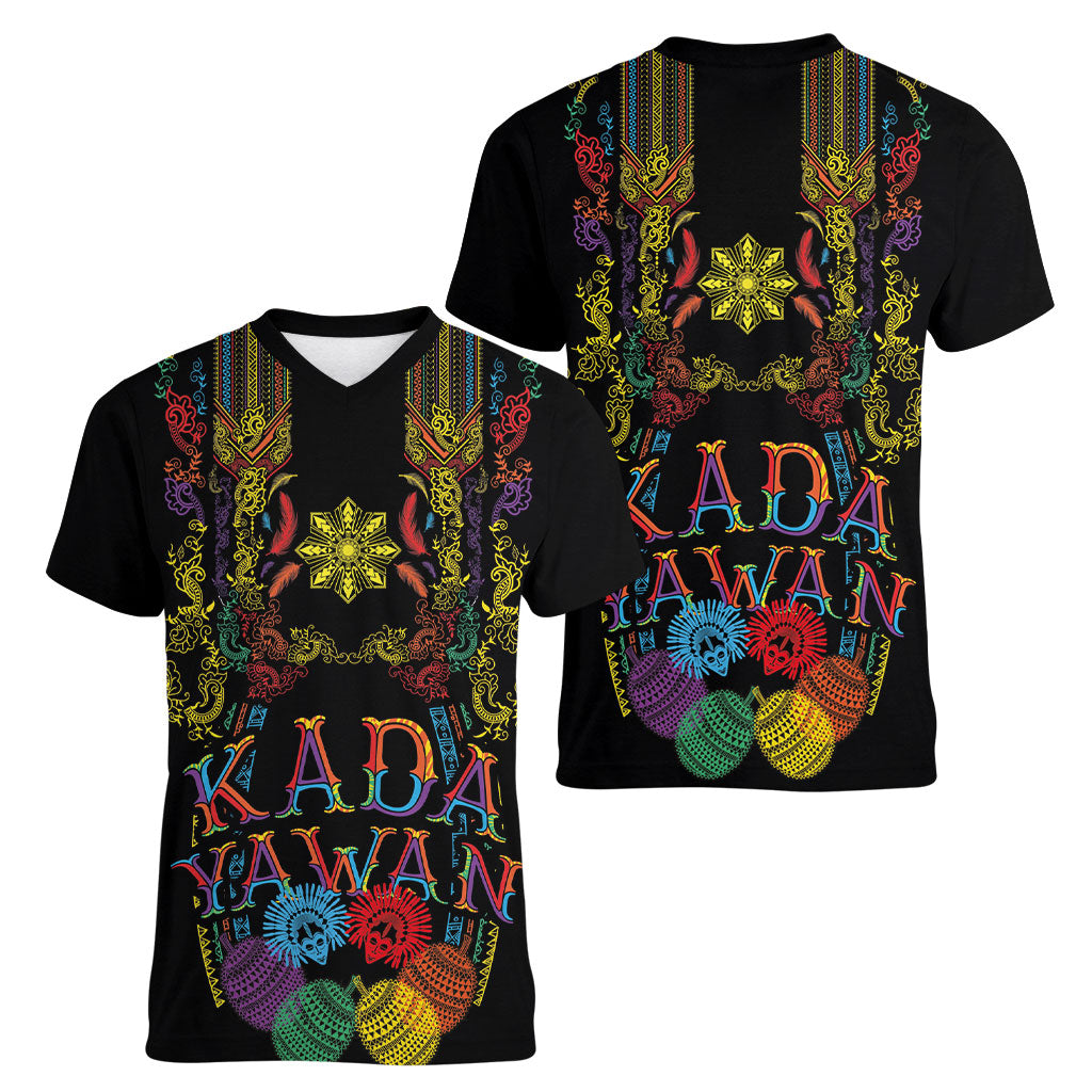 Philippines Kadayawan Festival Women V-Neck T-Shirt Polynesian Tribal Art Barong Style