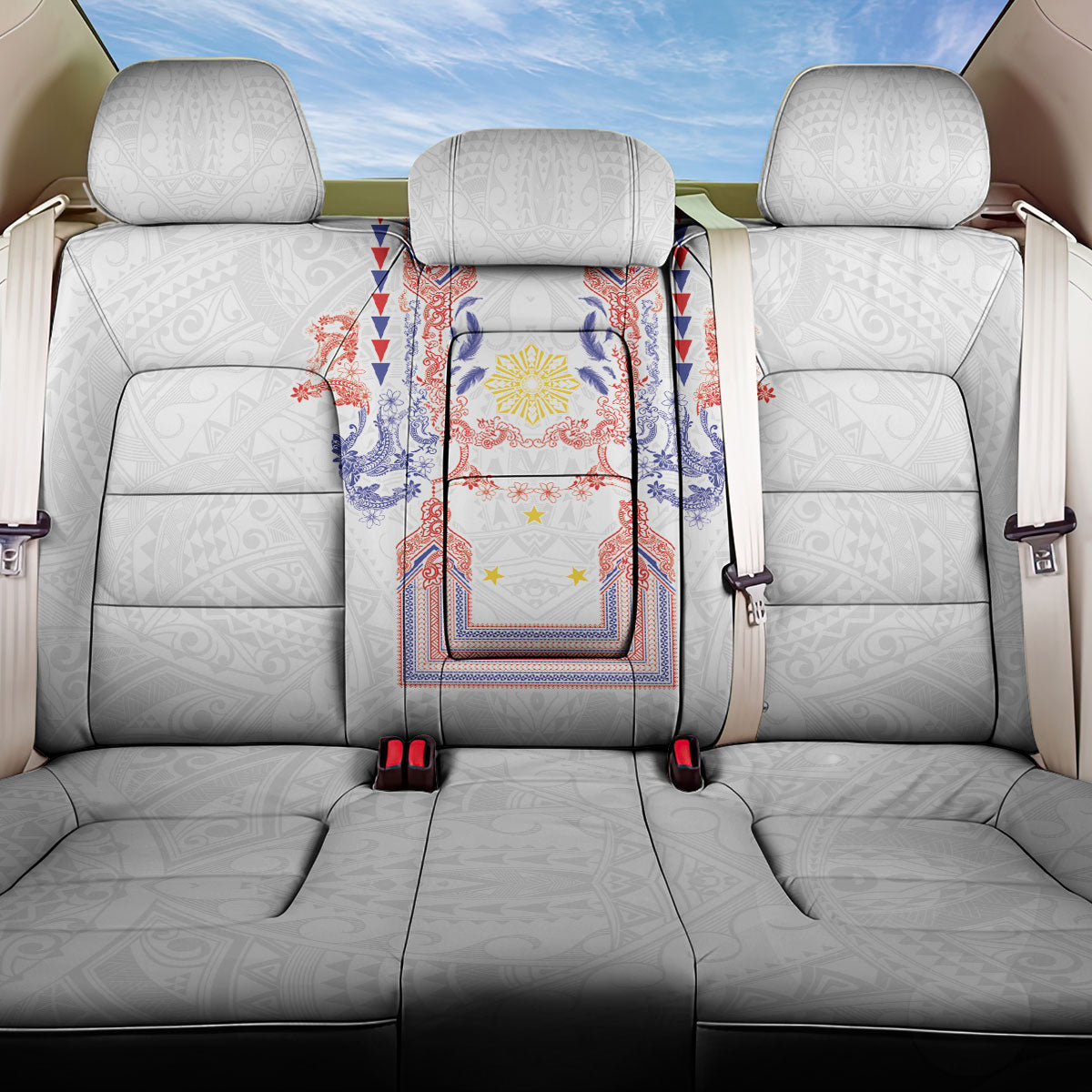 Philippines Barong Style Back Car Seat Cover Polynesian Kakau Art Tattoos with Tribal Filipino Sun LT03 One Size White - Polynesian Pride