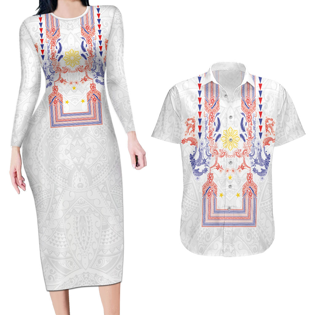 Philippines Barong Style Couples Matching Long Sleeve Bodycon Dress and Hawaiian Shirt Polynesian Kakau Art Tattoos with Tribal Filipino Sun