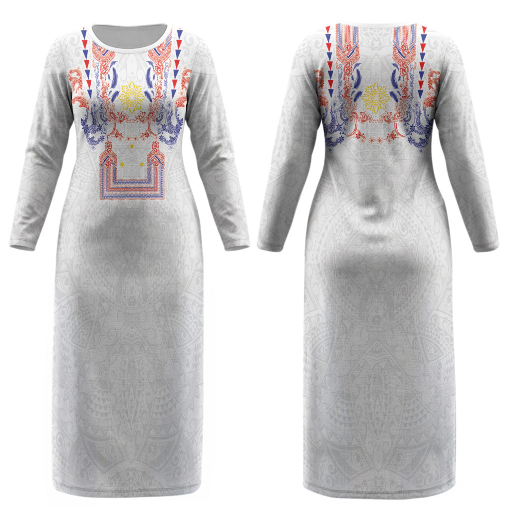Philippines Barong Style Couples Matching Long Sleeve Bodycon Dress and Hawaiian Shirt Polynesian Kakau Art Tattoos with Tribal Filipino Sun LT03 - Polynesian Pride