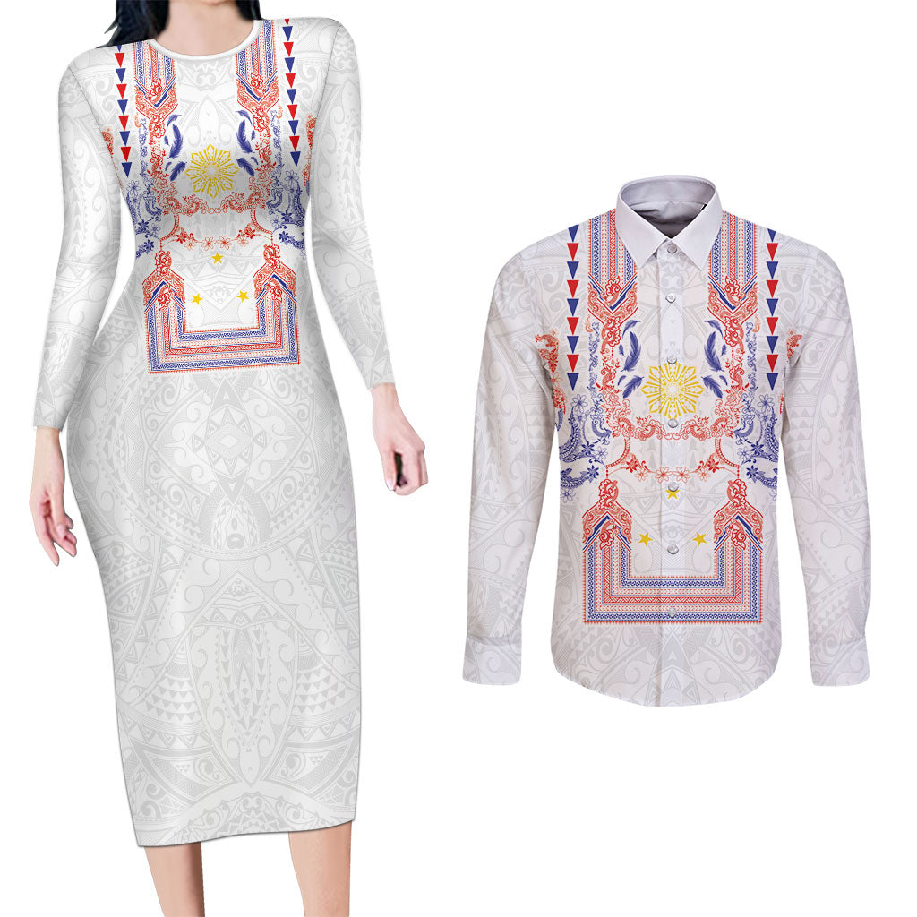 Philippines Barong Style Couples Matching Long Sleeve Bodycon Dress and Long Sleeve Button Shirt Polynesian Kakau Art Tattoos with Tribal Filipino Sun