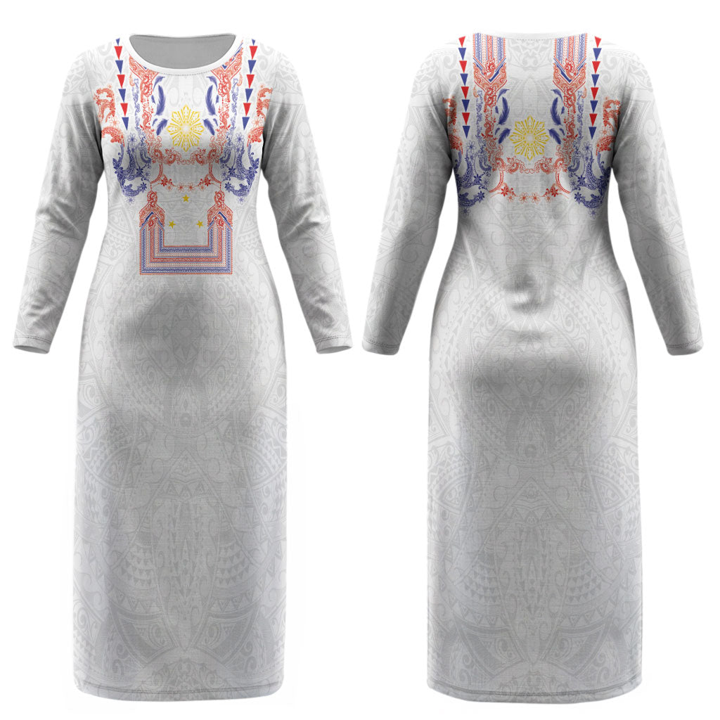Philippines Barong Style Couples Matching Long Sleeve Bodycon Dress and Long Sleeve Button Shirt Polynesian Kakau Art Tattoos with Tribal Filipino Sun LT03 - Polynesian Pride