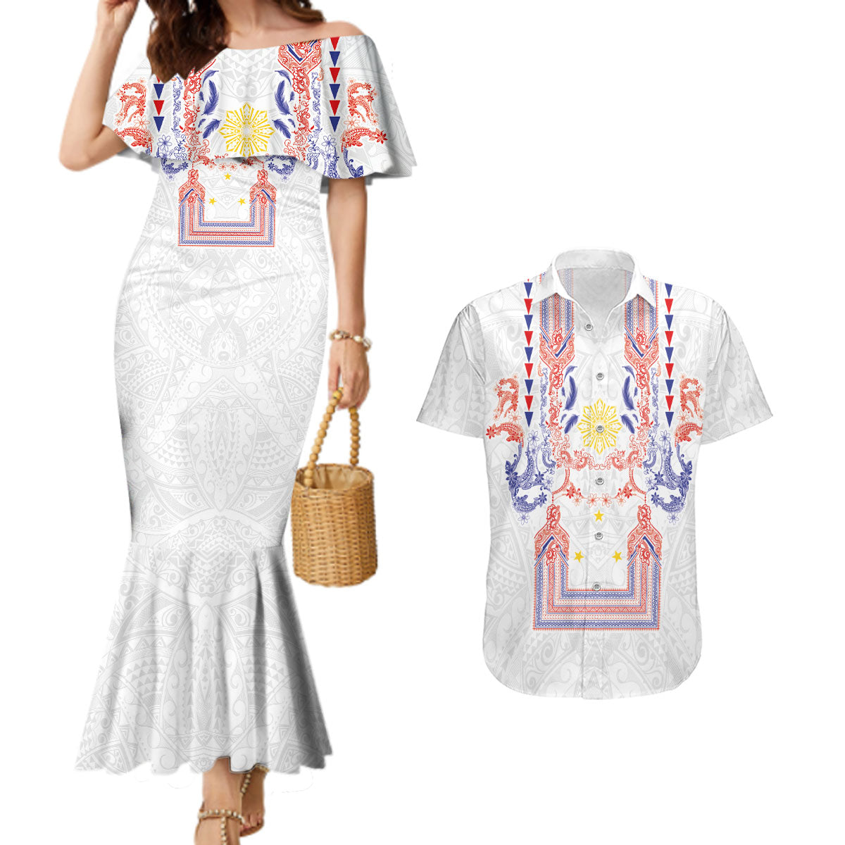 Philippines Barong Style Couples Matching Mermaid Dress and Hawaiian Shirt Polynesian Kakau Art Tattoos with Tribal Filipino Sun