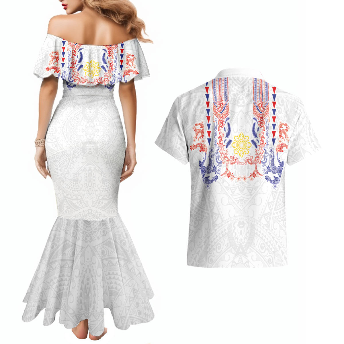 Philippines Barong Style Couples Matching Mermaid Dress and Hawaiian Shirt Polynesian Kakau Art Tattoos with Tribal Filipino Sun