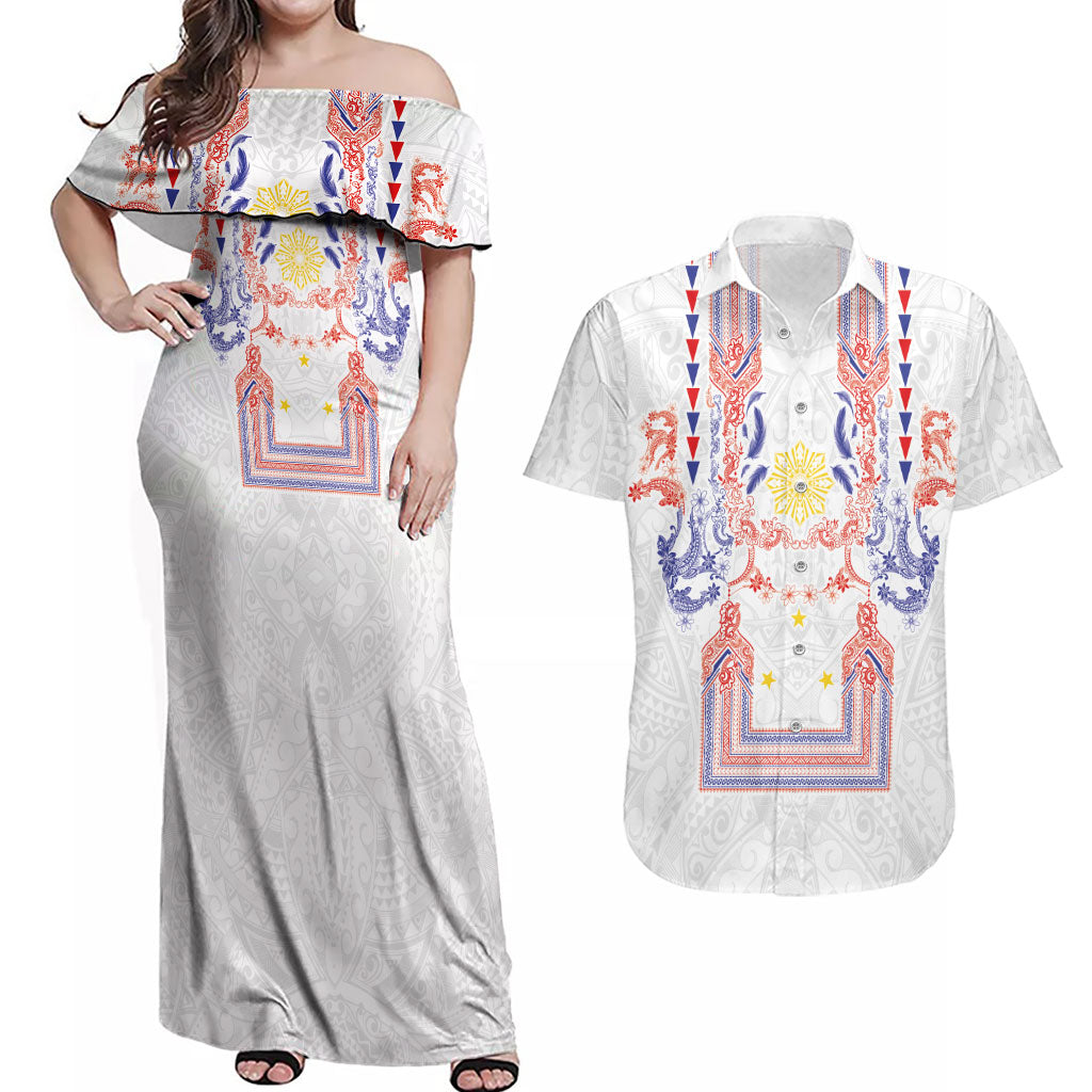 Philippines Barong Style Couples Matching Off Shoulder Maxi Dress and Hawaiian Shirt Polynesian Kakau Art Tattoos with Tribal Filipino Sun