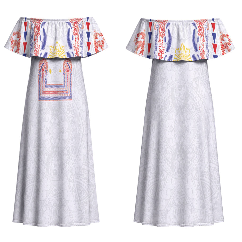 Philippines Barong Style Couples Matching Off Shoulder Maxi Dress and Hawaiian Shirt Polynesian Kakau Art Tattoos with Tribal Filipino Sun LT03 - Polynesian Pride