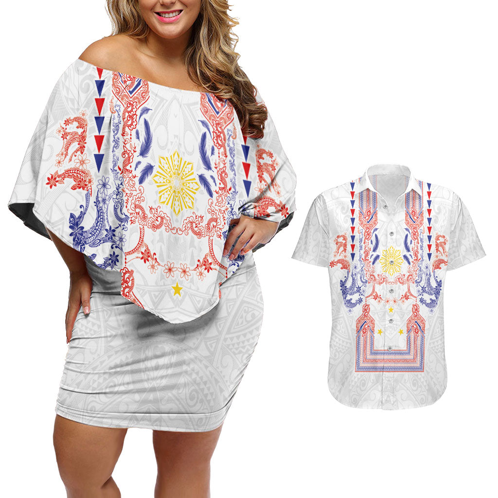 Philippines Barong Style Couples Matching Off Shoulder Short Dress and Hawaiian Shirt Polynesian Kakau Art Tattoos with Tribal Filipino Sun