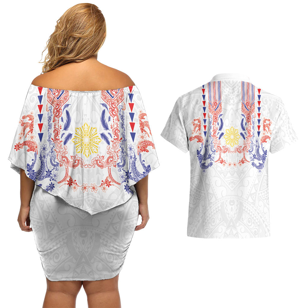 Philippines Barong Style Couples Matching Off Shoulder Short Dress and Hawaiian Shirt Polynesian Kakau Art Tattoos with Tribal Filipino Sun