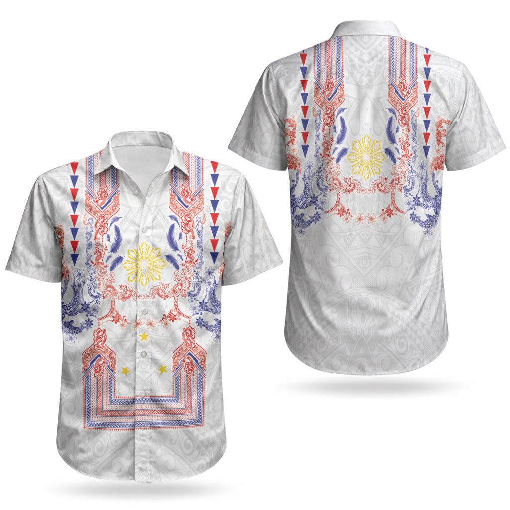 Philippines Barong Style Couples Matching Off Shoulder Short Dress and Hawaiian Shirt Polynesian Kakau Art Tattoos with Tribal Filipino Sun LT03 - Polynesian Pride