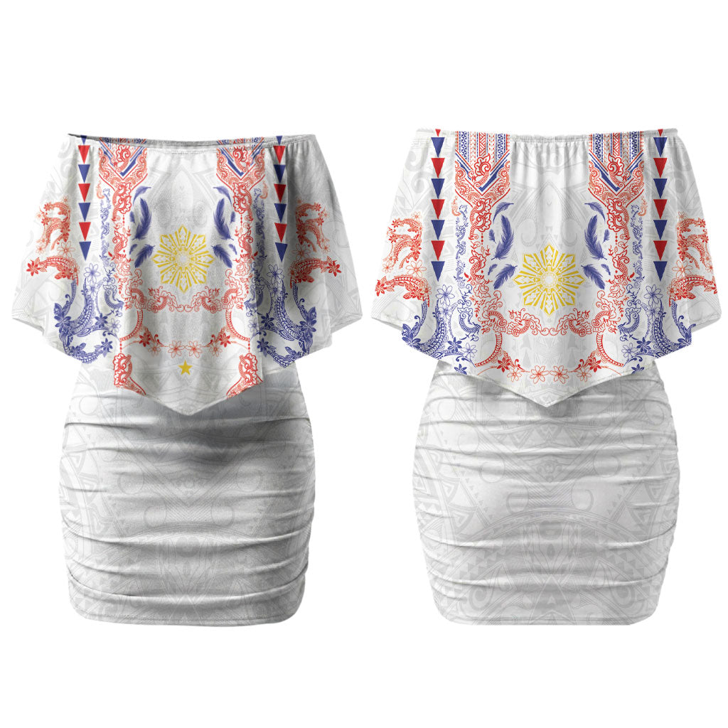 Philippines Barong Style Couples Matching Off Shoulder Short Dress and Long Sleeve Button Shirt Polynesian Kakau Art Tattoos with Tribal Filipino Sun LT03 - Polynesian Pride