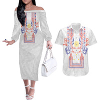 Philippines Barong Style Couples Matching Off The Shoulder Long Sleeve Dress and Hawaiian Shirt Polynesian Kakau Art Tattoos with Tribal Filipino Sun