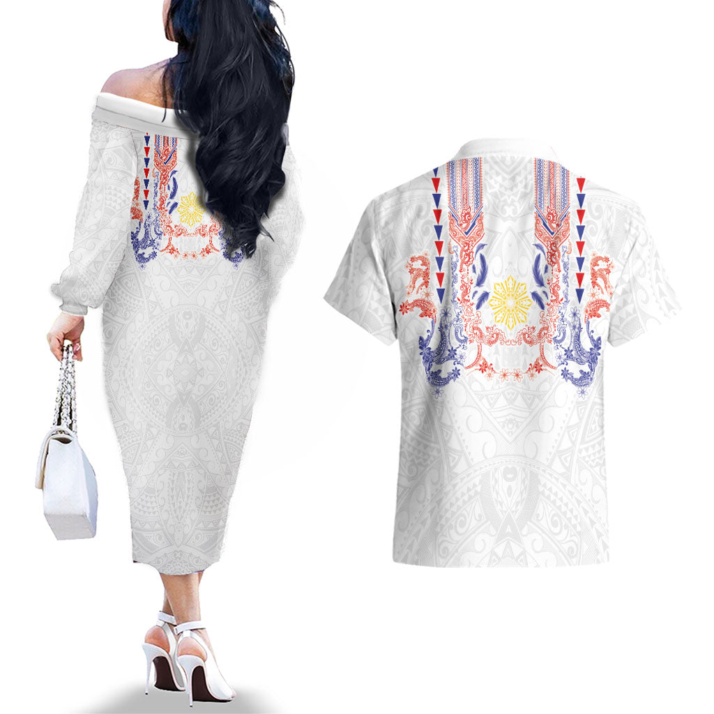 Philippines Barong Style Couples Matching Off The Shoulder Long Sleeve Dress and Hawaiian Shirt Polynesian Kakau Art Tattoos with Tribal Filipino Sun