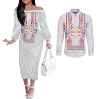 Philippines Barong Style Couples Matching Off The Shoulder Long Sleeve Dress and Long Sleeve Button Shirt Polynesian Kakau Art Tattoos with Tribal Filipino Sun