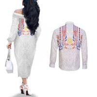 Philippines Barong Style Couples Matching Off The Shoulder Long Sleeve Dress and Long Sleeve Button Shirt Polynesian Kakau Art Tattoos with Tribal Filipino Sun