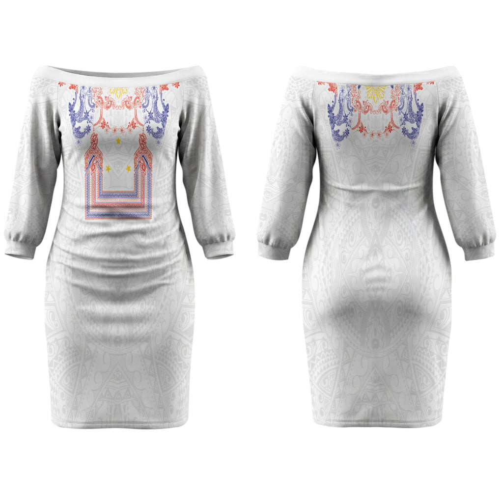 Philippines Barong Style Couples Matching Off The Shoulder Long Sleeve Dress and Long Sleeve Button Shirt Polynesian Kakau Art Tattoos with Tribal Filipino Sun LT03 - Polynesian Pride