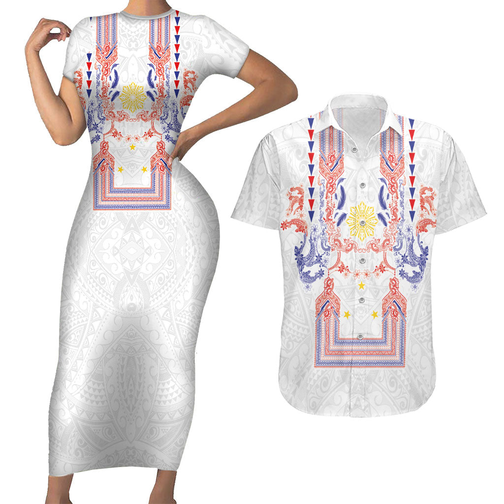 Philippines Barong Style Couples Matching Short Sleeve Bodycon Dress and Hawaiian Shirt Polynesian Kakau Art Tattoos with Tribal Filipino Sun