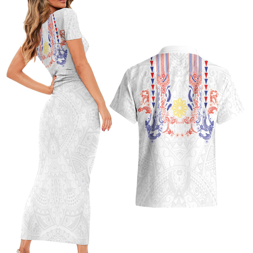 Philippines Barong Style Couples Matching Short Sleeve Bodycon Dress and Hawaiian Shirt Polynesian Kakau Art Tattoos with Tribal Filipino Sun