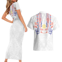 Philippines Barong Style Couples Matching Short Sleeve Bodycon Dress and Hawaiian Shirt Polynesian Kakau Art Tattoos with Tribal Filipino Sun