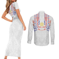 Philippines Barong Style Couples Matching Short Sleeve Bodycon Dress and Long Sleeve Button Shirt Polynesian Kakau Art Tattoos with Tribal Filipino Sun