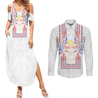 Philippines Barong Style Couples Matching Summer Maxi Dress and Long Sleeve Button Shirt Polynesian Kakau Art Tattoos with Tribal Filipino Sun