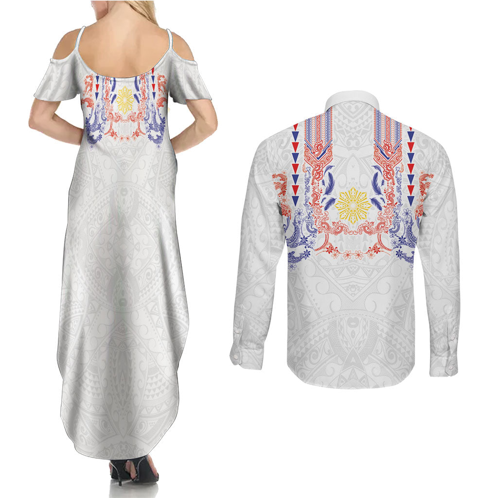 Philippines Barong Style Couples Matching Summer Maxi Dress and Long Sleeve Button Shirt Polynesian Kakau Art Tattoos with Tribal Filipino Sun