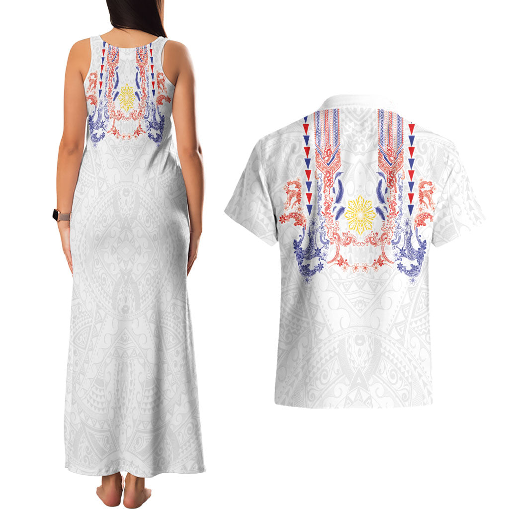 Philippines Barong Style Couples Matching Tank Maxi Dress and Hawaiian Shirt Polynesian Kakau Art Tattoos with Tribal Filipino Sun