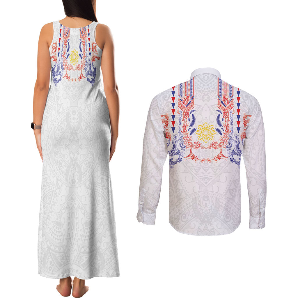 Philippines Barong Style Couples Matching Tank Maxi Dress and Long Sleeve Button Shirt Polynesian Kakau Art Tattoos with Tribal Filipino Sun