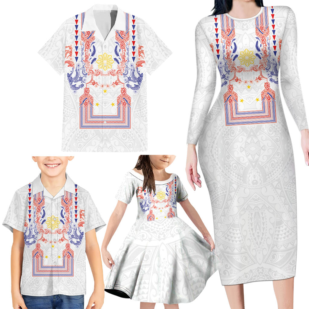 Philippines Barong Style Family Matching Long Sleeve Bodycon Dress and Hawaiian Shirt Polynesian Kakau Art Tattoos with Tribal Filipino Sun