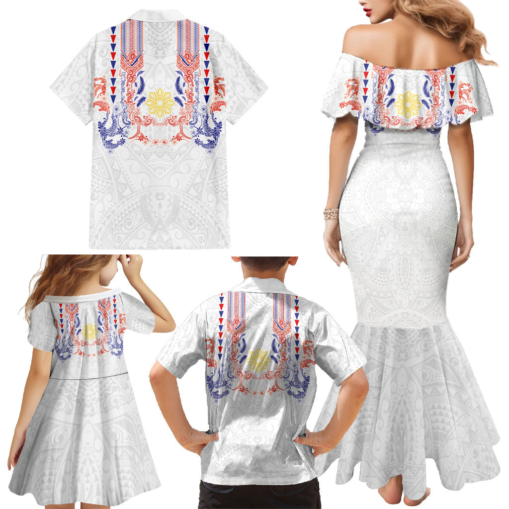 Philippines Barong Style Family Matching Mermaid Dress and Hawaiian Shirt Polynesian Kakau Art Tattoos with Tribal Filipino Sun