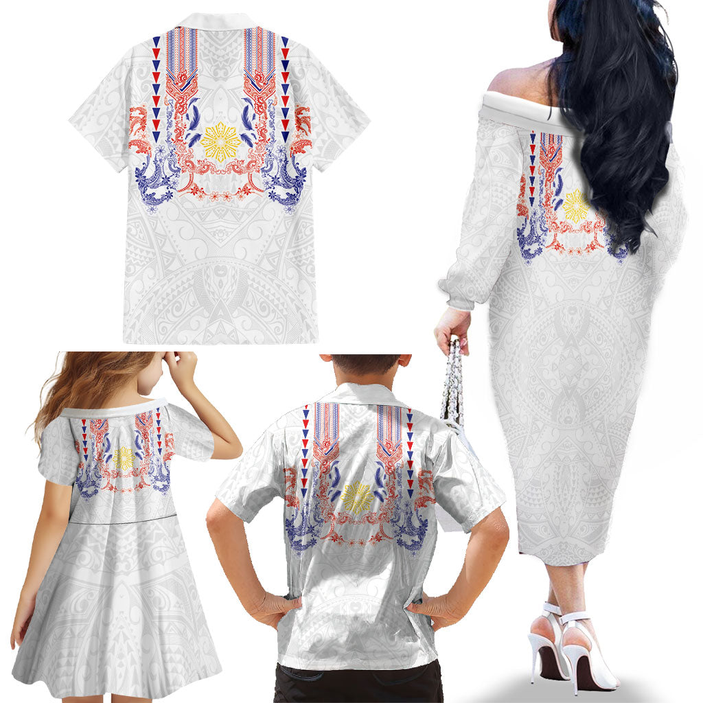 Philippines Barong Style Family Matching Off The Shoulder Long Sleeve Dress and Hawaiian Shirt Polynesian Kakau Art Tattoos with Tribal Filipino Sun