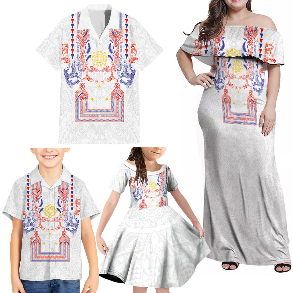 Philippines Barong Style Family Matching Off Shoulder Maxi Dress and Hawaiian Shirt Polynesian Kakau Art Tattoos with Tribal Filipino Sun