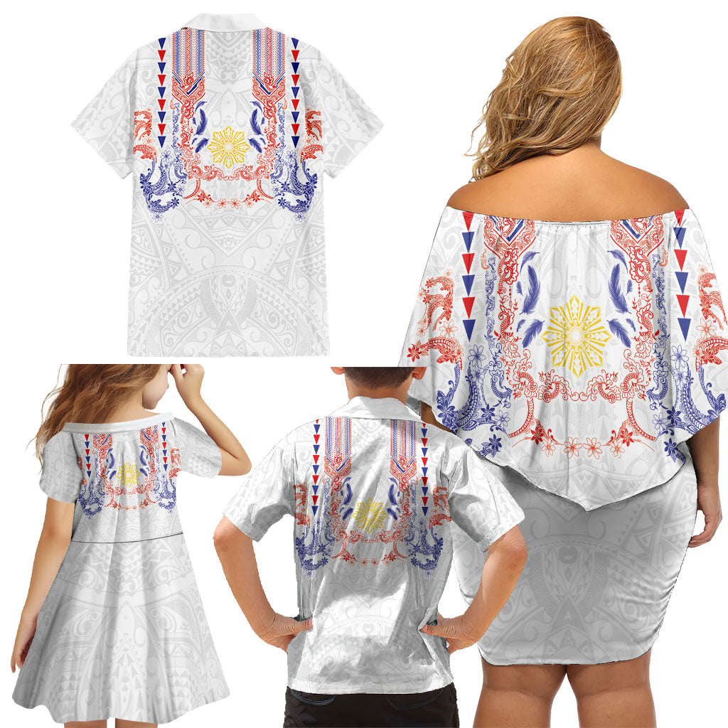 Philippines Barong Style Family Matching Off Shoulder Short Dress and Hawaiian Shirt Polynesian Kakau Art Tattoos with Tribal Filipino Sun