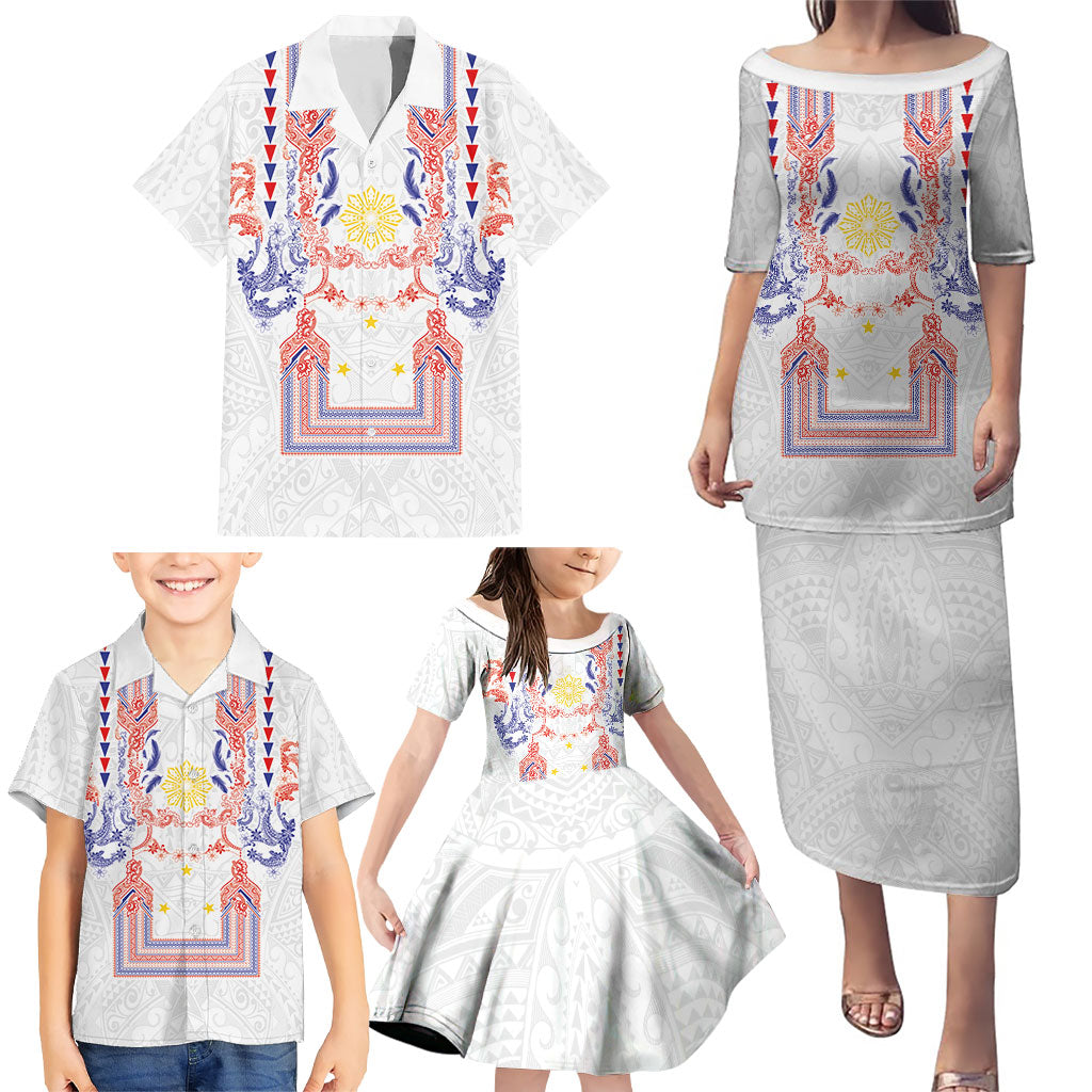 Philippines Barong Style Family Matching Puletasi and Hawaiian Shirt Polynesian Kakau Art Tattoos with Tribal Filipino Sun