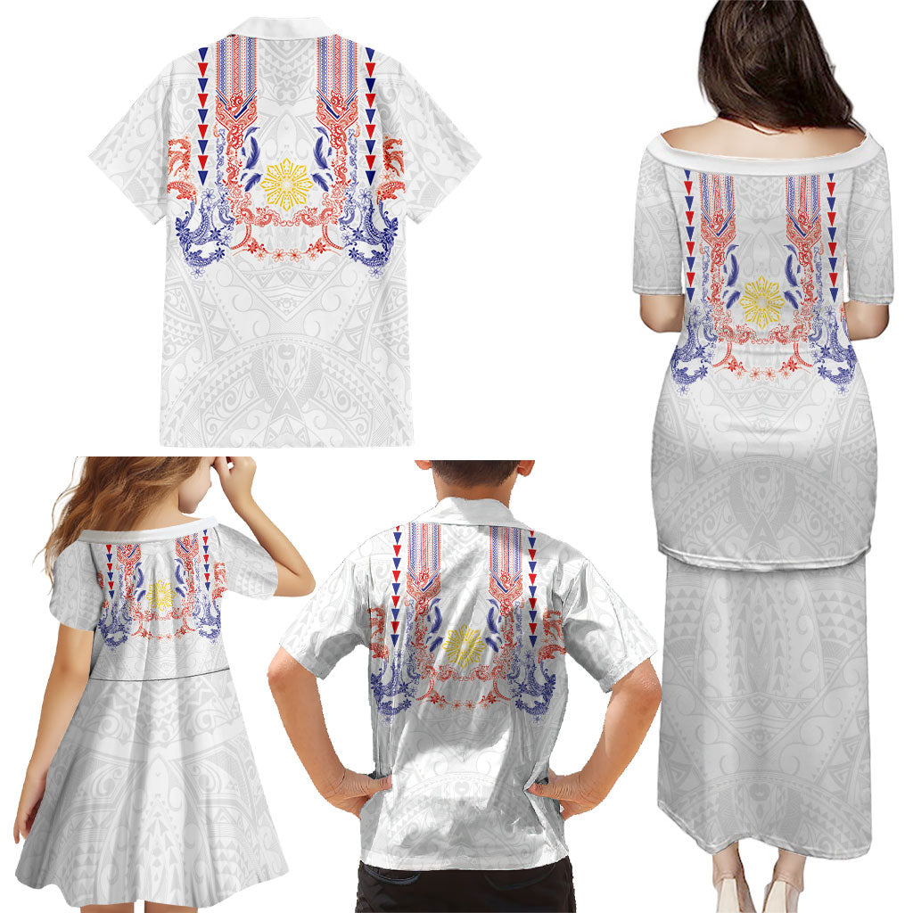 Philippines Barong Style Family Matching Puletasi and Hawaiian Shirt Polynesian Kakau Art Tattoos with Tribal Filipino Sun