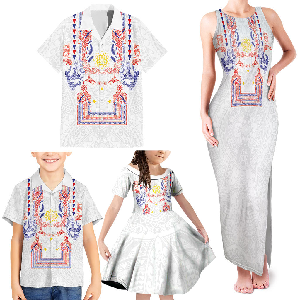 Philippines Barong Style Family Matching Tank Maxi Dress and Hawaiian Shirt Polynesian Kakau Art Tattoos with Tribal Filipino Sun