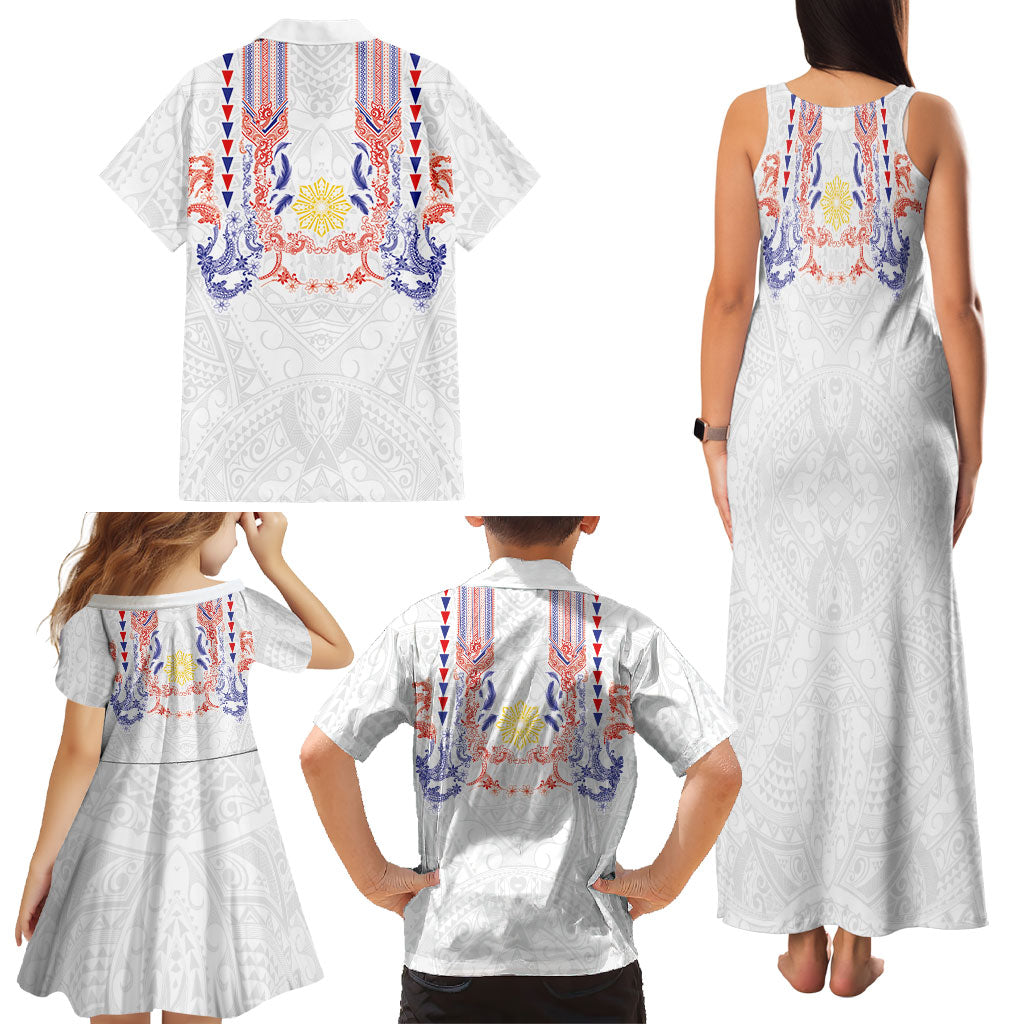 Philippines Barong Style Family Matching Tank Maxi Dress and Hawaiian Shirt Polynesian Kakau Art Tattoos with Tribal Filipino Sun