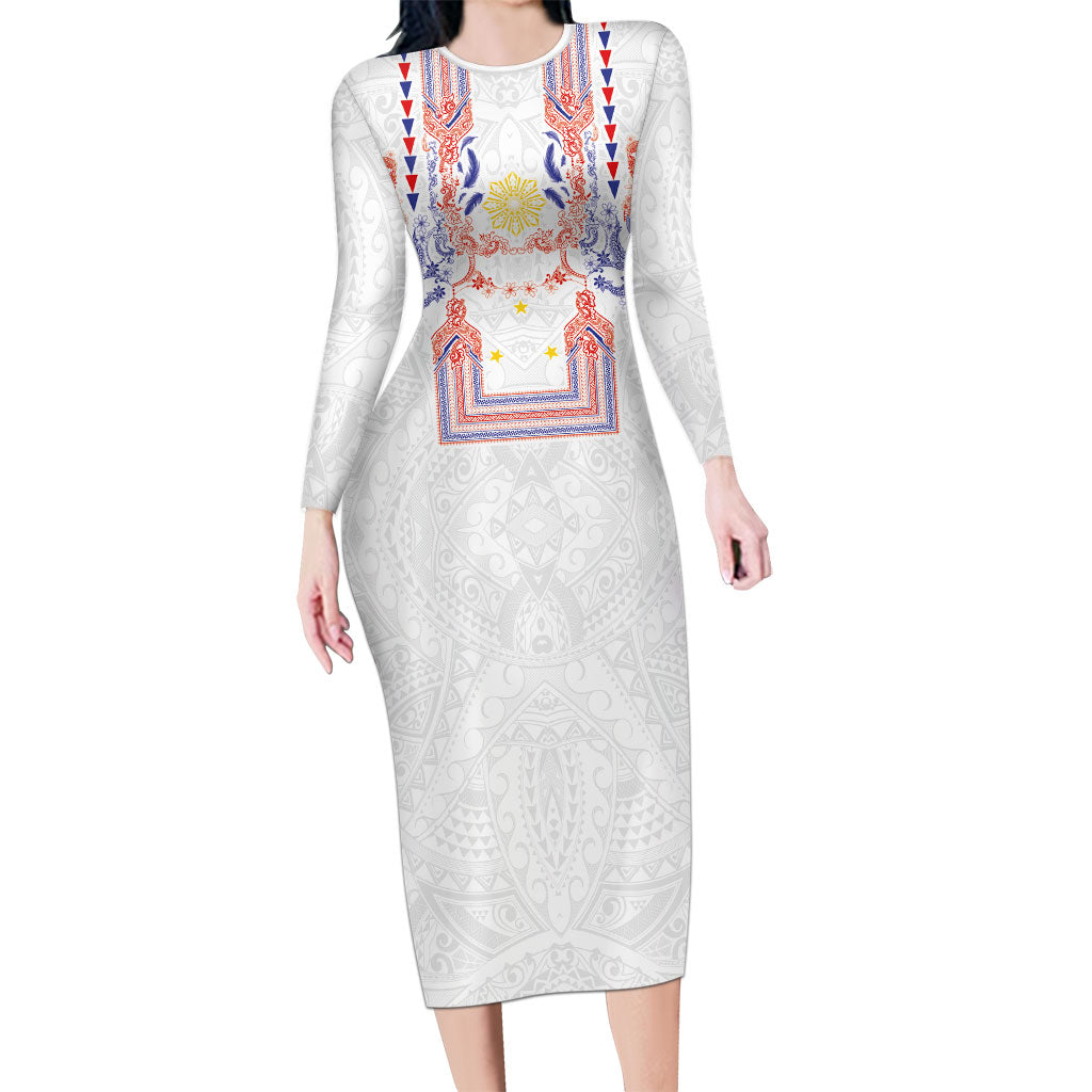 Philippines Barong Style Long Sleeve Bodycon Dress Polynesian Kakau Art Tattoos with Tribal Filipino Sun
