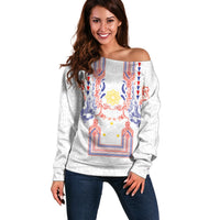 Philippines Barong Style Off Shoulder Sweater Polynesian Kakau Art Tattoos with Tribal Filipino Sun