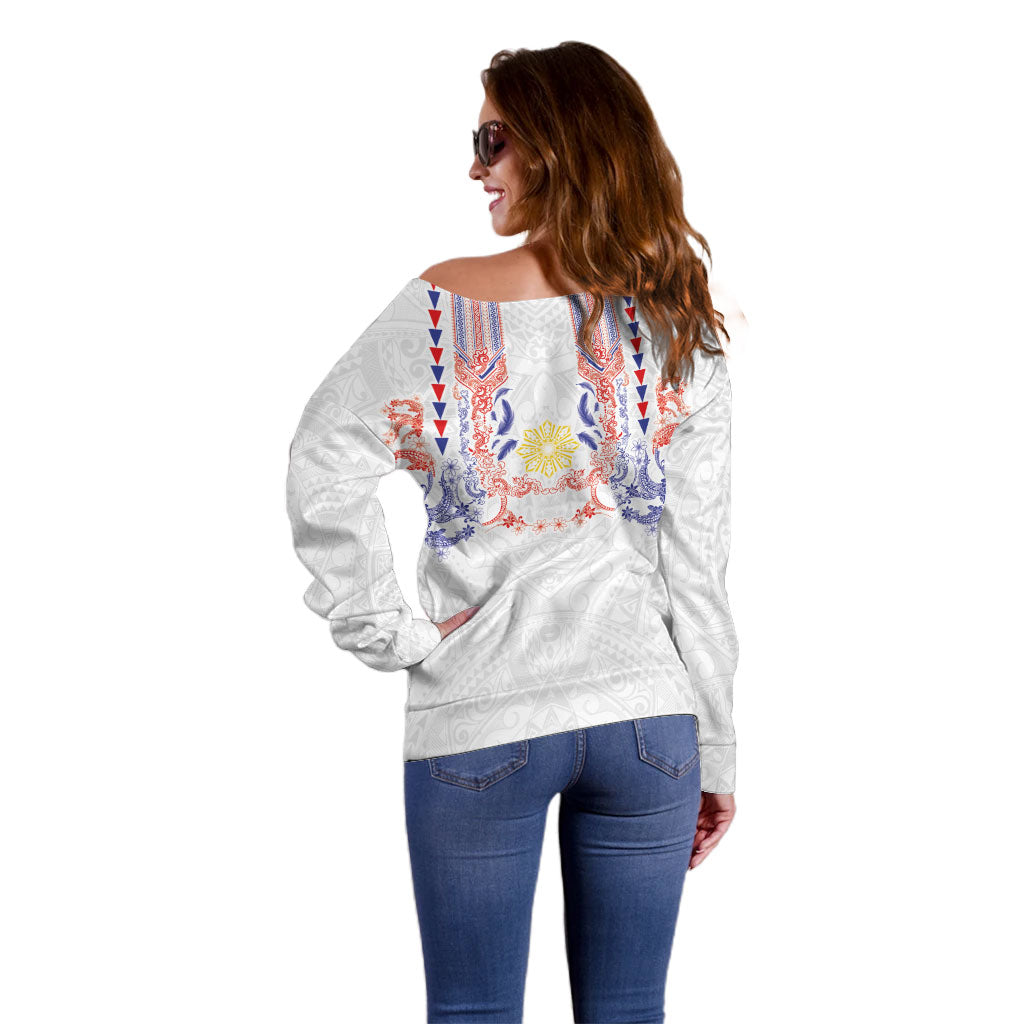 Philippines Barong Style Off Shoulder Sweater Polynesian Kakau Art Tattoos with Tribal Filipino Sun