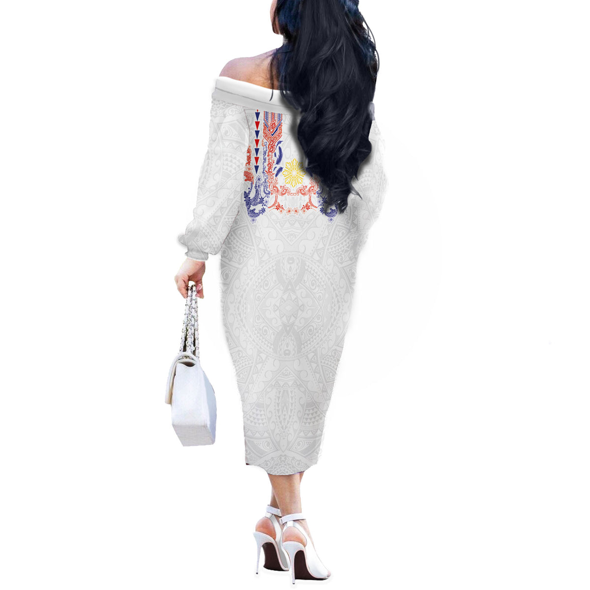 Philippines Barong Style Off The Shoulder Long Sleeve Dress Polynesian Kakau Art Tattoos with Tribal Filipino Sun