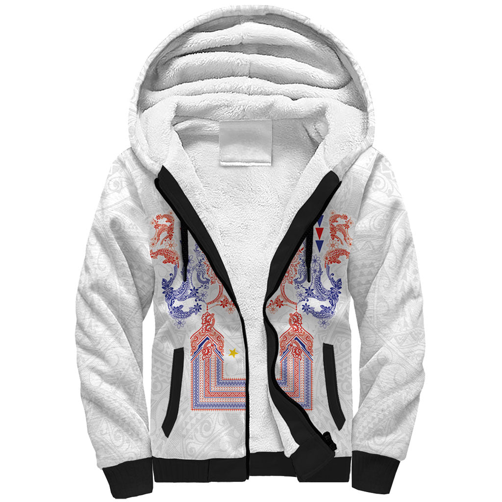 Philippines Barong Style Sherpa Hoodie Polynesian Kakau Art Tattoos with Tribal Filipino Sun LT03 Unisex White - Polynesian Pride