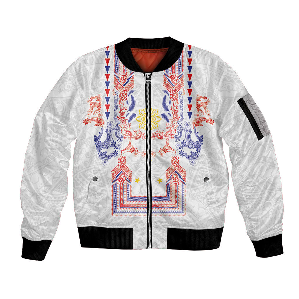 Philippines Barong Style Sleeve Zip Bomber Jacket Polynesian Kakau Art Tattoos with Tribal Filipino Sun