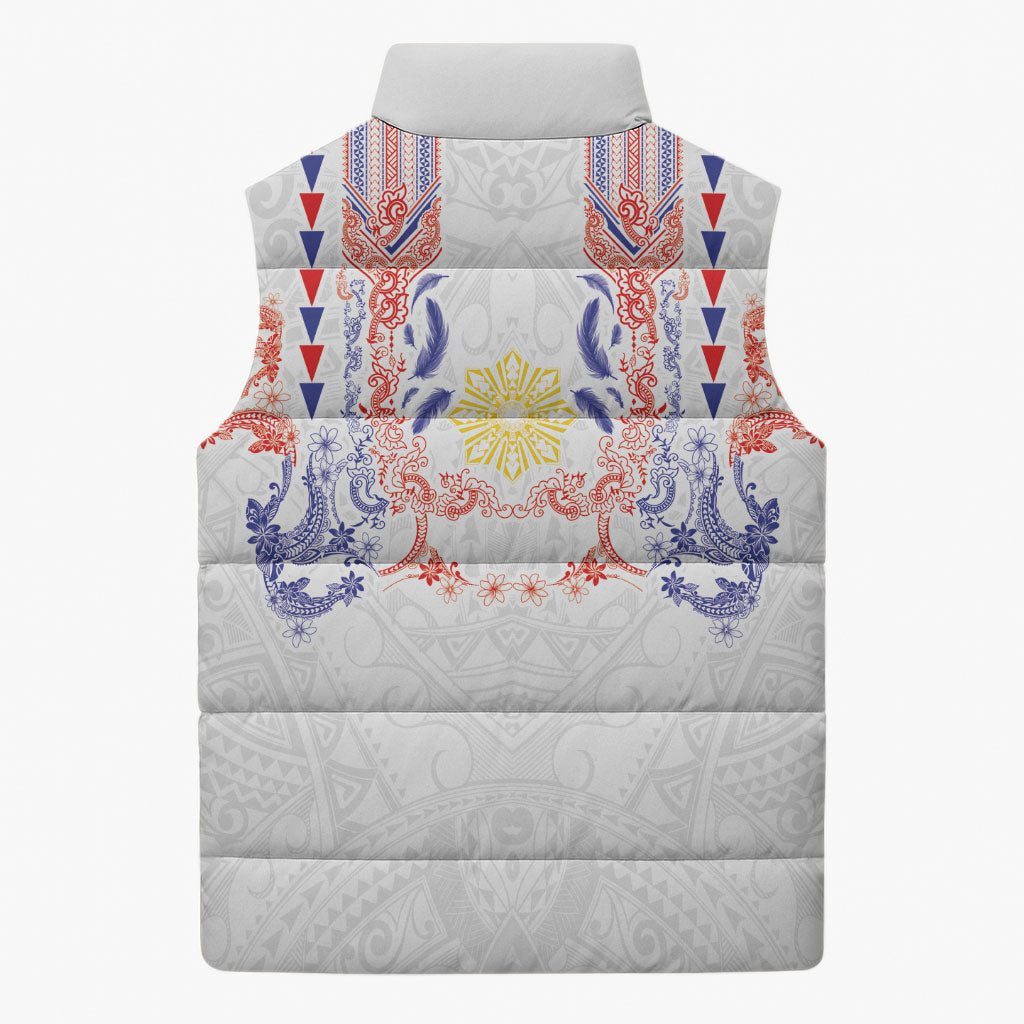 Philippines Barong Style Sleeveless Puffer Jacket Polynesian Kakau Art Tattoos with Tribal Filipino Sun